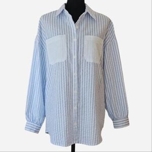 AND NOW THIS Women's Size S Light Blue‎ Seersucker Striped Long Sleeve Shirt